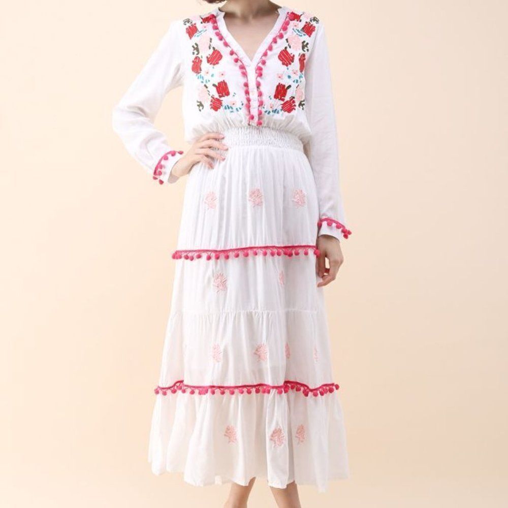 Anthropologie Chantik White Boho Chic Embroidered Pom Pom Maxi Dress S